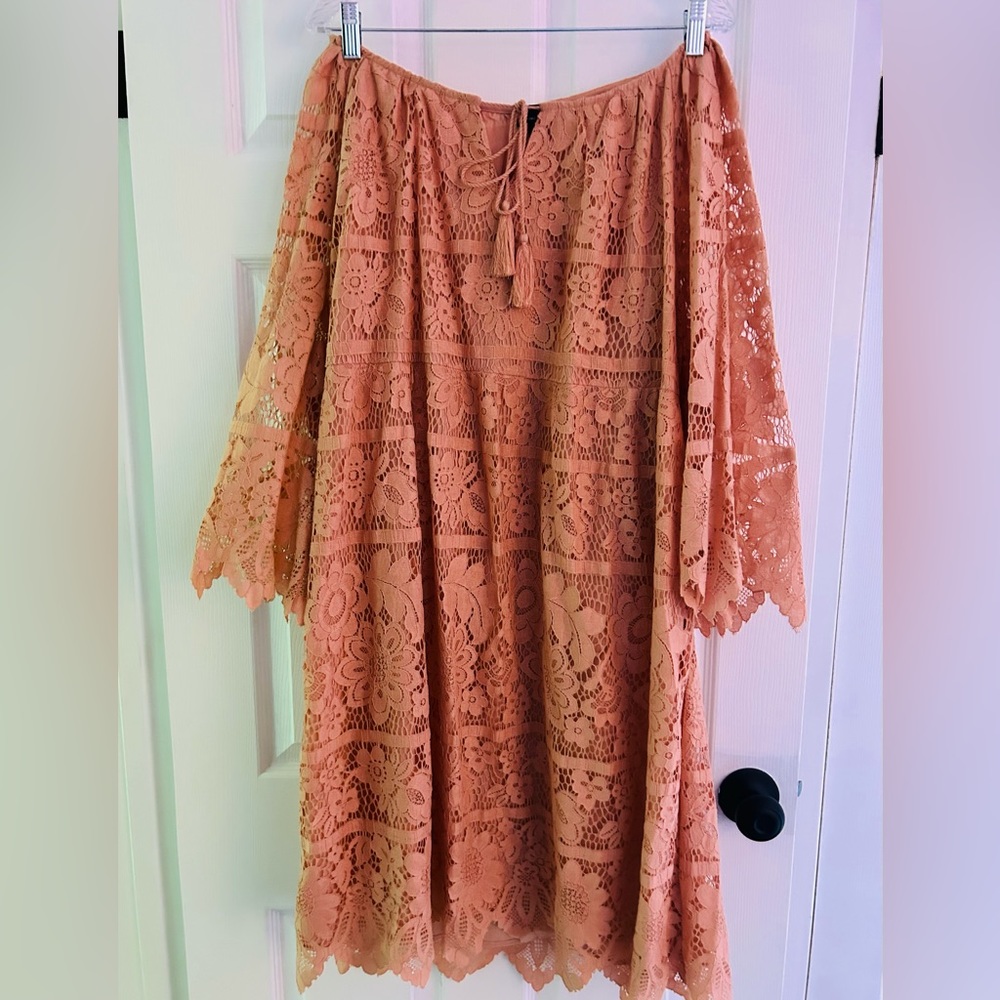 Suzanne Betro lace peach colored dress with bell sleeves